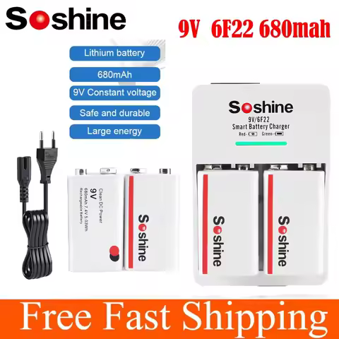 Soshine 9V 6F22 680mAh Rechargeable Battery Ni-MH Lithium LiFePO4 Batteries Charger and 2 Slots Smar