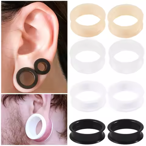 Pair Supersize Flexible Black/Clear Silicone Double Flared Ear Tunnel Plugs Flesh Tunnel Ear Gauge E