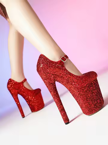 Female Sequin Pumps Fashion Buckle Strap Women Shallow Mouth Thin High Heels Nightclub Club 20CM Str