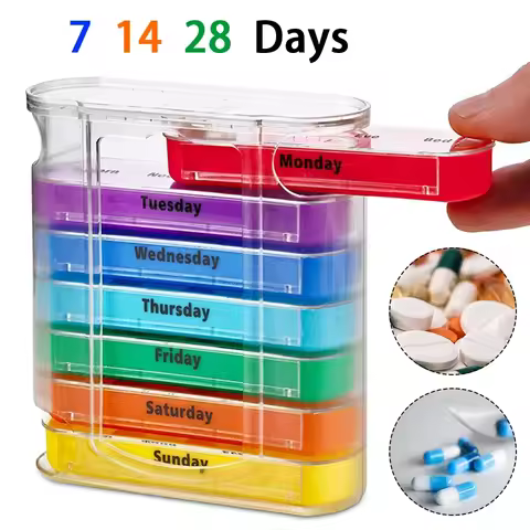 Rainbow Colored Layered Medicine Box for 7/14/28 Days, Suitable for Daily Medication, Travel and Bus