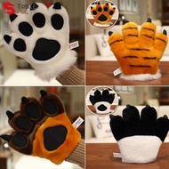 TOBIE Animal Paw Plush Gloves, Striped Design Furry Texture Faux|Paw Gloves, Costume Mittens Padded 