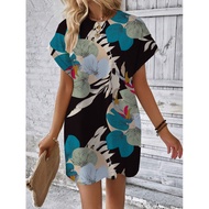 Ready Stock 1688 Alibaba Tropical Plant Print Batwing Sleeve Round Neck Dress