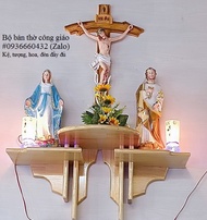 Bộ bàn thờ Thiên Chúa tượng 40cm Thánh giá Chúa chiunan 56cm chất liệu nhựa composite nâu kệ thờ gỗ
