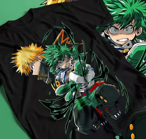 2026 My Hero Academia Deku Bakugo T‑shirt, Front Print, Black Cotton Unisex Tee, Anime Tops for Kids