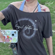 NAKEDbyV women's off-the-shoulder t-shirt, crew neck stretch cotton t-shirt with vintage letter prin