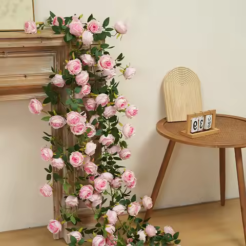 Multi colored artificial rose vines, green leaves, artificial flower vines, wall decorations, plant
