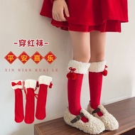 Girls Stockings, Pure Cotton Material, Big Red, Chinese Style Bowknot Design Autumn Winter Socks, Su