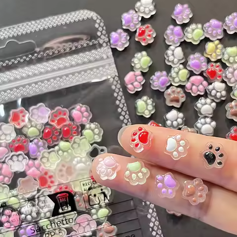 50pcs 3D Mini Cartoon Jelly Cat Paw Nail Art Charms Resin Mixed Luminous Effect Flatback Bear/Cat's 