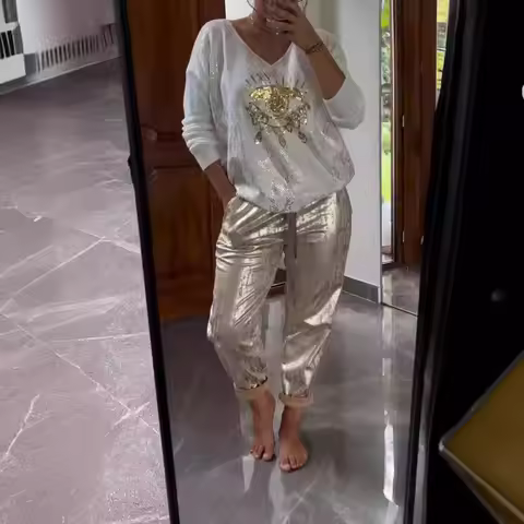 Plus-size Suit Women's Casual Fashion Metal Eye Decoration Long-sleeved Shirt Casual Pants Plus-size
