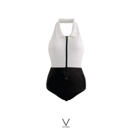 SS2024 B&W COLLAR SWIMMING SUIT ชุดว่ายน้ำปกขาวซิบหน้า สีขาวดำ ผ้าหนา มีฟองน้ำในตัว กัน UV UPF 50+