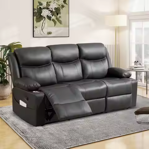 Reclining Sofa - 3 Seater Manual Recliner with Massage and Heat, Cup Holders, Loveseat Recliner Couc