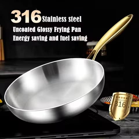 KEMORELA 316 Stainless Steel Frying Pan With Golden Handle Wok Pan Nonstick Cooking Fried Steak Gas 