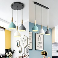 Nordic 3-Head Pendant Light, Macaron Color Hanging Lamp with Wood Accent, E27 Base Modern Kitchen Is