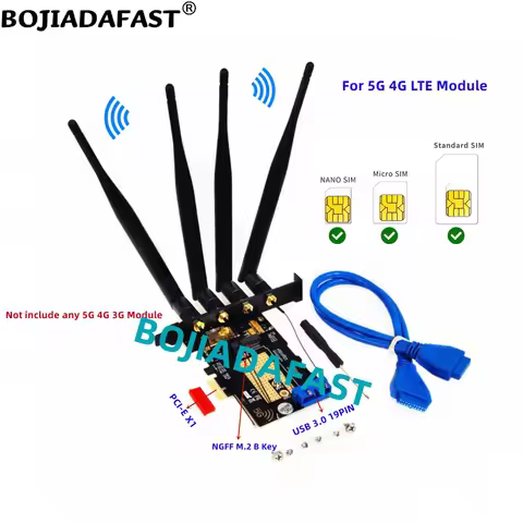 PCIe X1 PCI-E 1X to M.2 B-Key Wireless Adapter 2 Nano SIM Card Slot 4 Antennas For 5G 4G LTE Module 