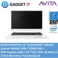 New  AVITA ESSENTIAL 14 LAPTOP (CELERON N4020,4GB,128GB SSD,14" FHD,UHD 600,WIN10) FREE BACKPACK (MATT WHITE / BLACK)
