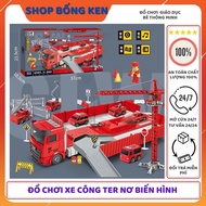 Transforming container car toy with many fire trucks sized 43x11x8cm that plays music and lights