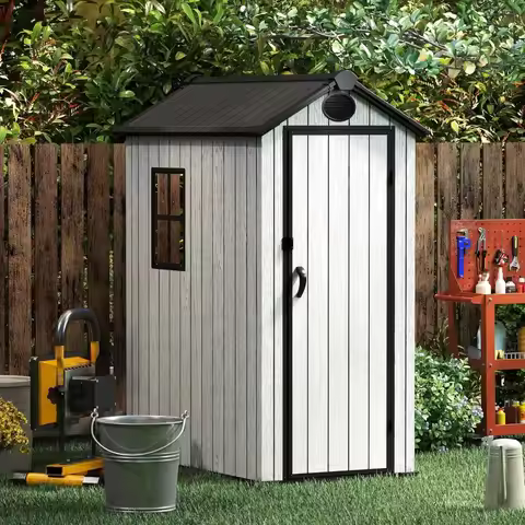 3x5 FT Outdoor Storage Shed Resin Garden Tool Shed with Lockable Doors & Slooping Roof, Plastic Shed