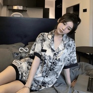 DIOR PAJAMAS Short Ice Silk Satin Korea Jepang Elegan Piyama Mewah Baju Tidur Kancing Depan Lengan P