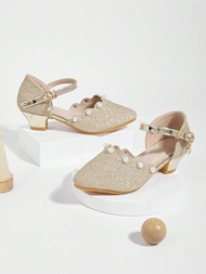 女孩公主高跟鞋,尖頭水晶鞋適用於小女孩,兒童皮鞋,2023秋季新品