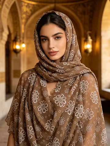 White Floral Embroidery Muslim Hijab Crinkle Fabric Scalloped Lace Edge Islamic Headscarf Elegant Tu