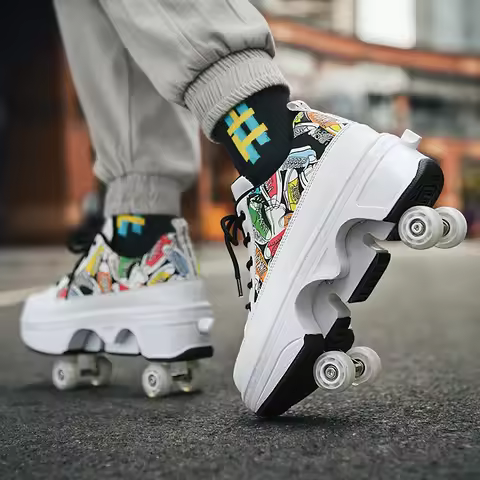 Boys Fashionable Outdoor Roller Skates Adult 4-Wheel Transformed Roller Shoes Unisex Kids Girls Casu