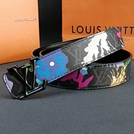 New water ripple LV Buckle trend graffiti print two-layer cowhide business men's belt