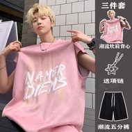 【ks1140.my】 夏季胖子大码坎肩背心套装男无袖t恤搭配宽松五分裤子Summer Fat Men's Large Size Waistcoat Set Sleeveless Ves 【0624e