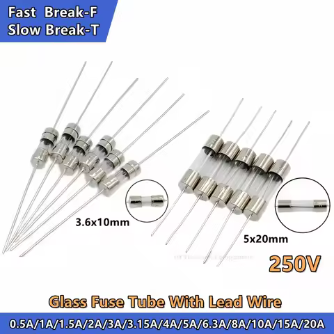 20PCS 3.6*10 3.6x10 5x20 mm 250V 0.5A 1A 1.5 2A 3.15A 4 5A 6.3A 8A 10A 15A 20A F/T Fast/Slow blow Gl