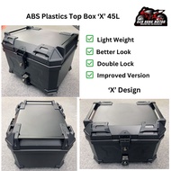 Motorcycle Top Box 45L ABS Plastic 'X' Design Top Box with Double Lock Full Black Plain Design Rear Storage Box