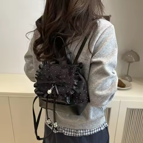Fashion Lace Trim Butterfly Knot Backpack Polka Dot Sweet Bow Mini Backpack Lightweight Small Book B