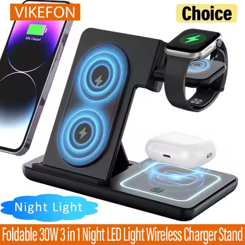 3 in 1 Foldable Night LED Light Wireless Charger Stand For iPhone Samsung Apple Watch 2-8 SE Airpods