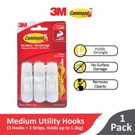 3M Command Medium Utility Hooks 17001-3, 3 Hooks + 3 Strips Holds up to 1.3kg