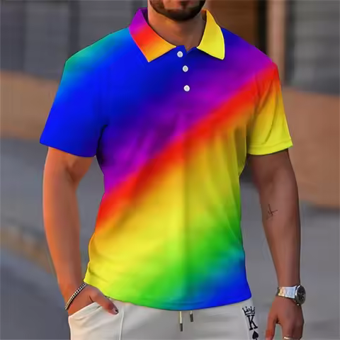 Rainbow Men's Polo Shirt Lapel Polo Button Up Polos Golf Shirt Optical Illusion Graphic Prints Turnd