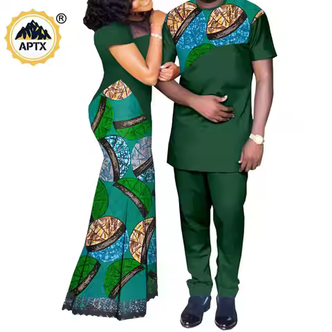 African Clothes for Couples Matching Outfits Dashiki Metallic Women Print Lace Dresses Bazin Riche M