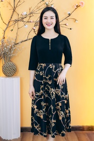 Đầm xòe trung niên cho mẹ - Cổ tròn tay lỡ - Đen họa tiết - TTV Store thời trang nữ TTV1828
