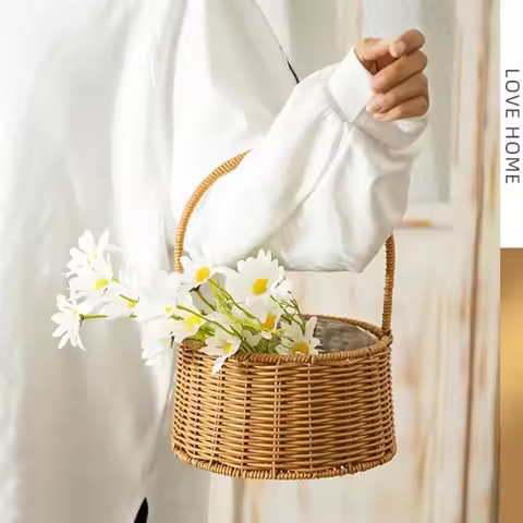 Willow Rattan Bride Flower Basket Hand-Woven Picnic Container Flower Arrangement Basket with Handle
