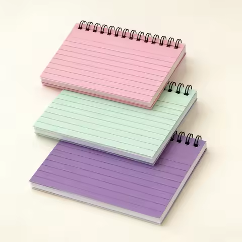 A colorful edge lined spiral notebook measuring 8.0cm x 12.5cm in 6 assorted colors.