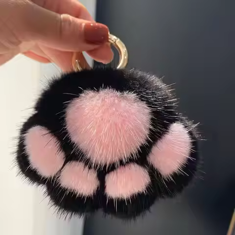 Stuffed Animal Cat's Paw Fur Keychain Love Pompom Cat's Paw Stuffed Keyring Car Trinket Furry Cat's