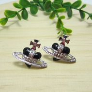 Empress Dowager West Silver Edge Black Lacquer Love Saturn Earrings-A8019