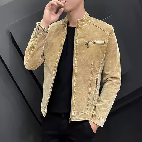 Fashion Jean Jackets for Men Stand Collar Zipper Denim Coats Mens Spring and Autumn Retro Simple Sli