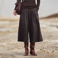 紫咖色 厚實秋冬磨毛百搭七分褲 褶皺闊腿寬褲