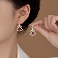 New Style 925 Sterling Silver New Style Diamond Ruby Smart Fan-Shaped Skirt Earrings Female High-End