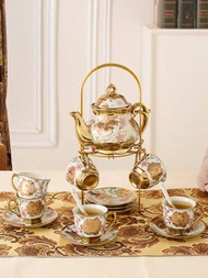 14入組歐式陶瓷茶具套裝，包含1個茶壺，6個茶杯，6個碟子和1個鐵架，附送6把湯匙
