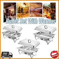 🇸🇬[In Stock]11L Buffet Set 1/2/3 Plates Container Food Warmer With Warmer Stainless Steel Square Buf