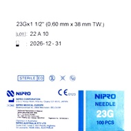 NIPRO STERILE MEDICAL NEEDLE 23G X 1 1/2 INCH (32MM) 100'S (20 BOXES )  EXPIRY 2027