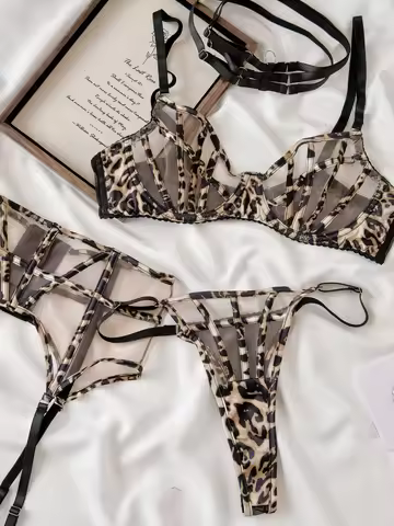 Wild leopard print lingerie with breifs suit women large size push up underwear female thin lace wit