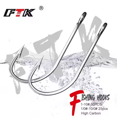 FTK Fishing Hooks 1-10#50PCS 1/0#-10/0# 25pcs Pack High Carbon Stainless Steel Barbed Carp or Bass w