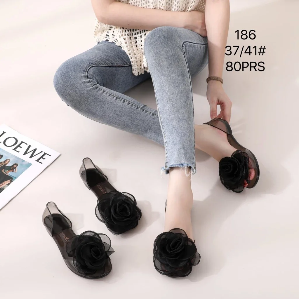 BEST SELLER -- SEPATU FLAT WANITA-- SANDAL FLAT SHOES WANITA JELLY BENING MOTIF FLOWER & PITA IMPORT