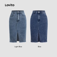 (Casual) Lovito Plain Split Denim Skirt for Women L131ED328