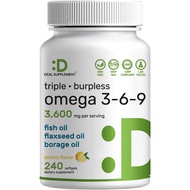Triple Omega 3-6-9 Fish Oil Supplement | 3600mg High EPA+DHA Burpless Lemon Softgels for Heart, Join
